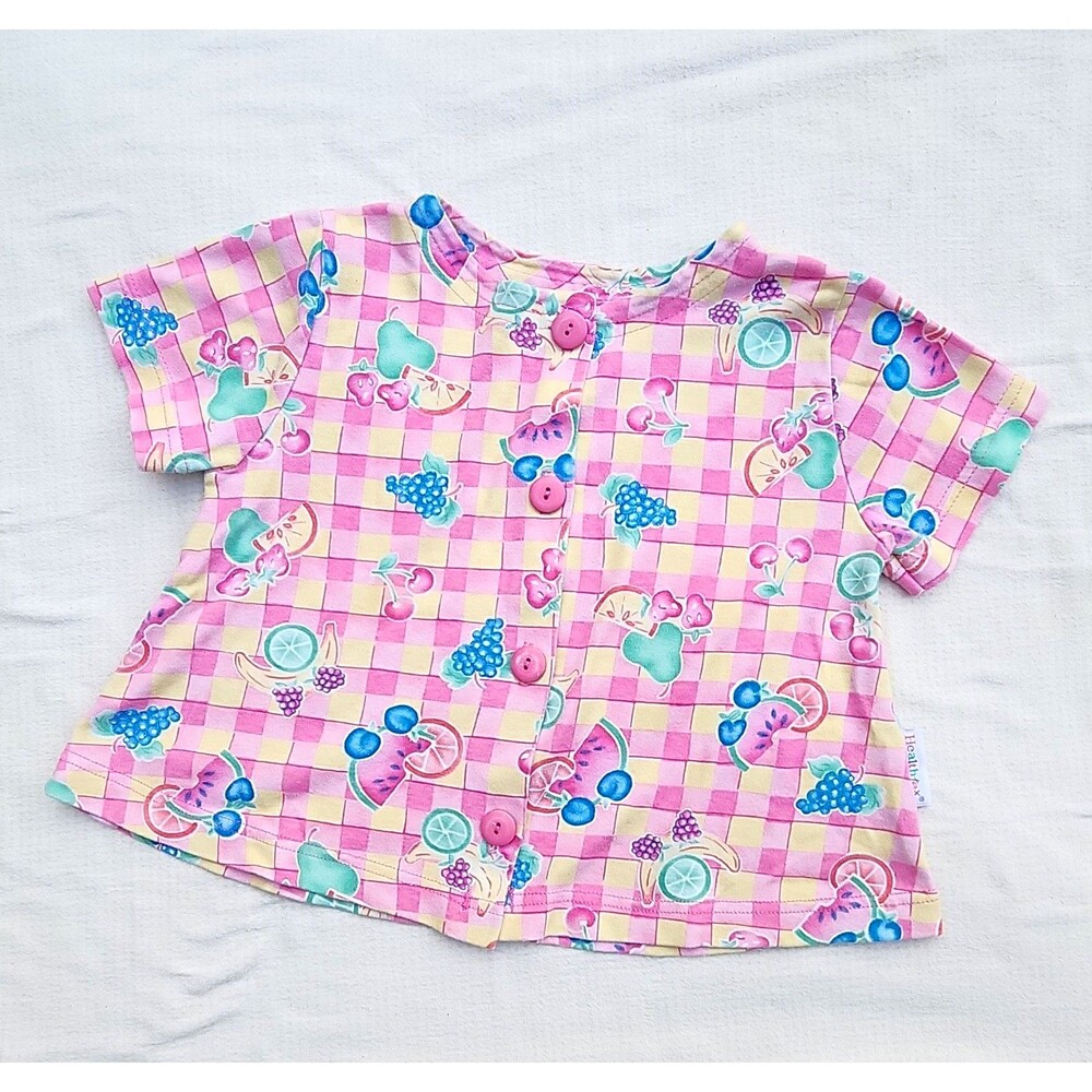 Healthtex Girls 5T Pink Check Fruit Print Cotton Woven Button-Up Short Sleeve